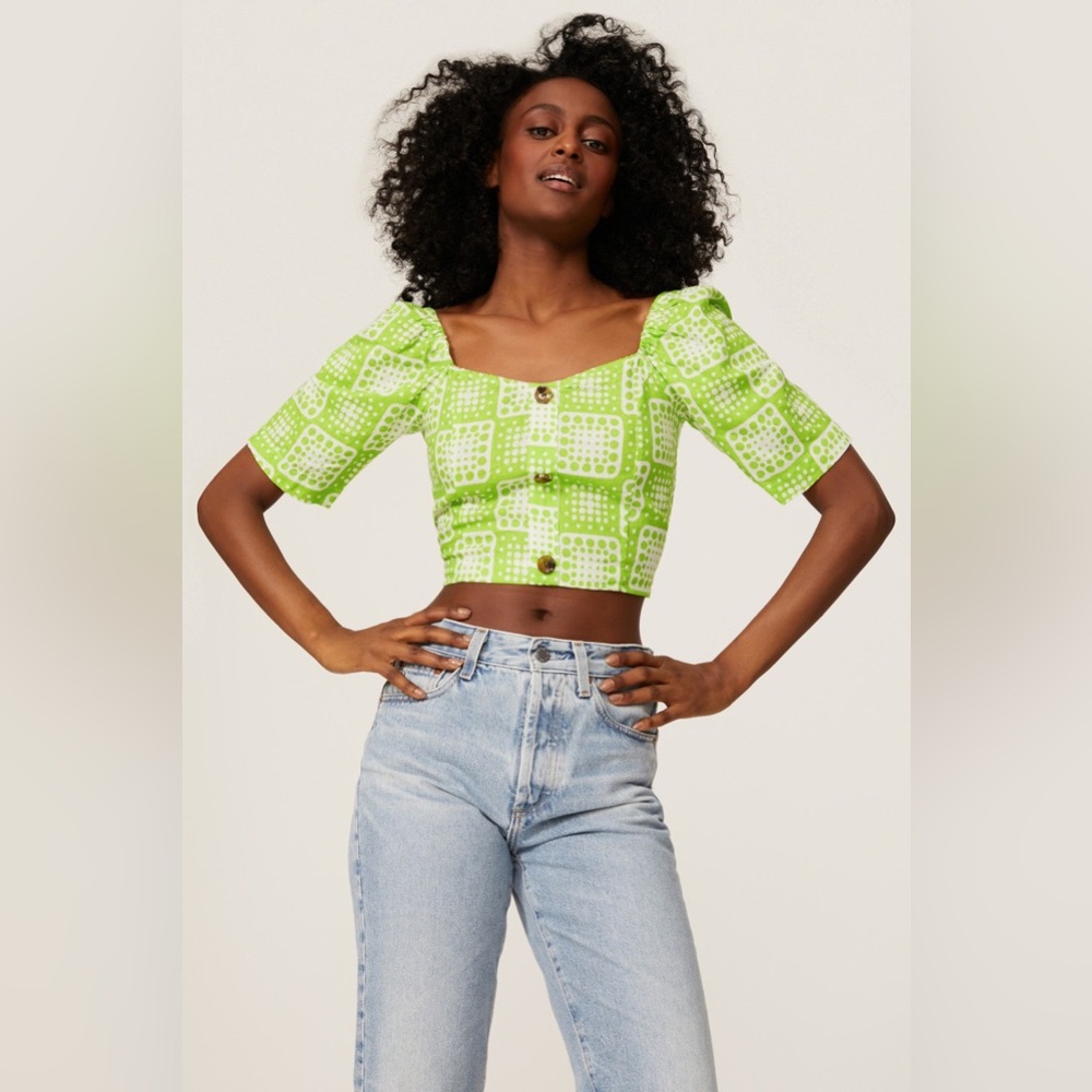 The Odell’s Lime Green Off-Shoulder Crop Top with Geometric Print
